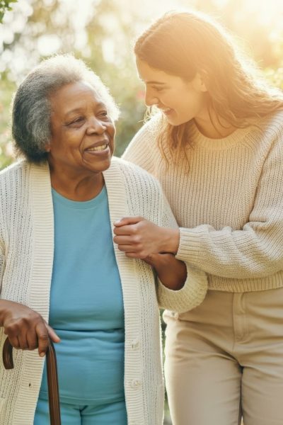 Volunteer is accompanying a smiling senior woman holding a cane in a garden